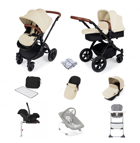 ickle bubba Stomp V3 (Black Frame) All In One 9 Piece Travel System Bundle with Isofix Base - Sand