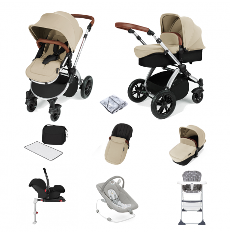 ickle bubba Stomp V3 (Silver Frame) All In One 9 Piece Travel System Bundle with Isofix Base - Sand