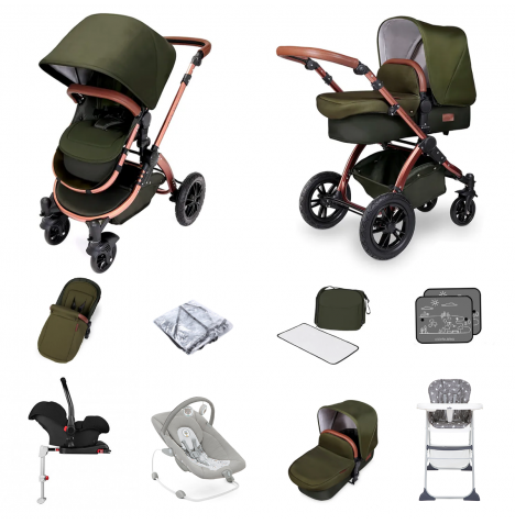 Ickle bubba Special Edition Stomp V4  All In One 10 Piece Travel System Bundle with Isofix Base - Woodland