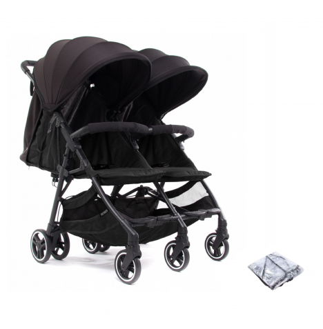 Baby Monsters Kuki Lightweight (9.8kg) Twin Double Pushchair with Raincover - Black