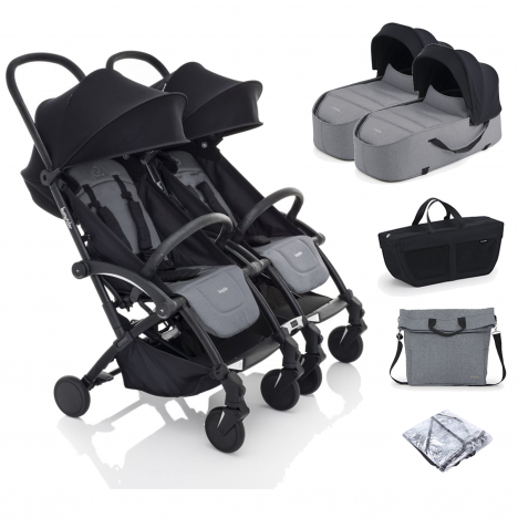 Bumprider  Connect2 Double Stroller with Carrycot, Side Bag & Side Pack - Black & Grey