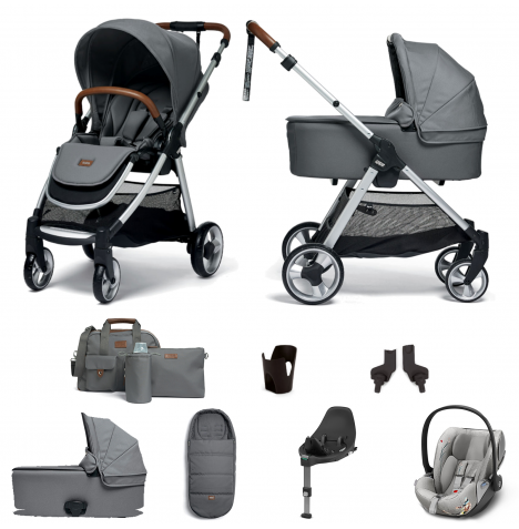 Mamas & Papas Flip XT2 8pc Essentials (Cloud Z Car Seat) Travel System with Carrycot & ISOFIX Base- Fossil Grey