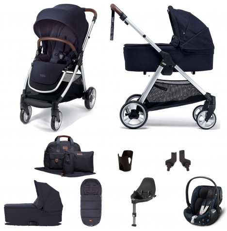 Mamas & Papas Flip XT2 8pc Essentials (Cloud Z Car Seat) Travel System with Carrycot & ISOFIX Base- Navy