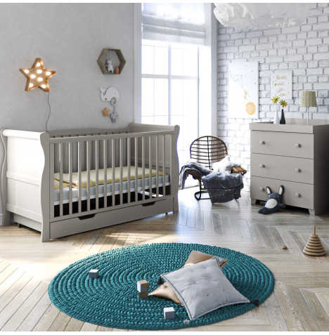 Puggle Woodford Sleigh Cot & Drawer With Deluxe Maxi Air Cool & Dresser - Soft Grey