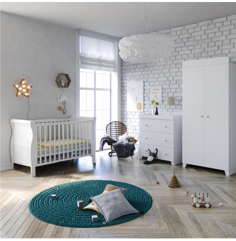 Puggle Tarporley Sleigh Cot Bed 4 Piece Nursery Furniture Set With Wardrobe - Pure White