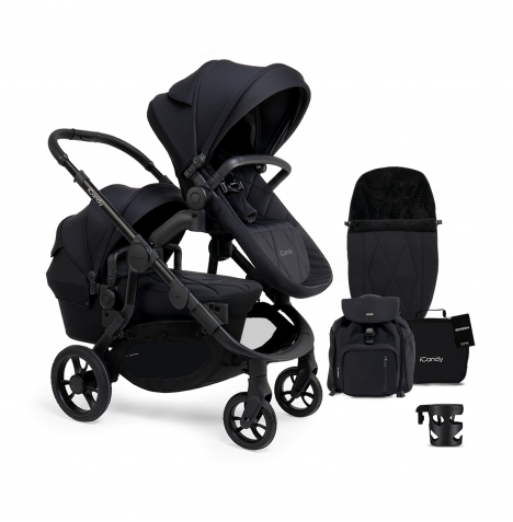 iCandy Orange 3 Double Pushchair & Carrycot Complete 19 Pieces Bundle - Black Edition