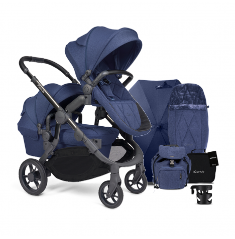 iCandy Orange 3 Double Pushchair with Parasol & Carrycot Complete 21 Piece with Bundle - Royal Blue Marl Phantom