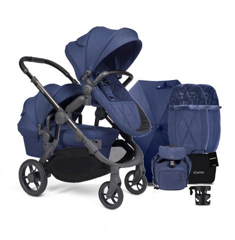 iCandy Orange 3 Twin Pushchair with Parasol & Carrycot Complete 22 Piece with Bundle - Royal Blue Marl Phantom