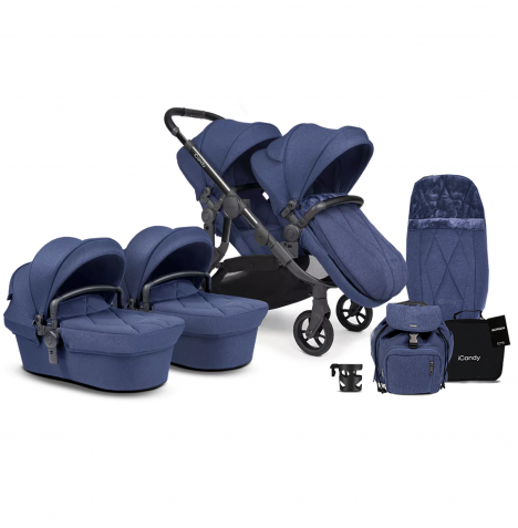 iCandy Orange 3 Twin Pushchair with Parasol & Carrycot Complete 22 Piece Bundle with Parasol - Royal Blue Marl Phantom