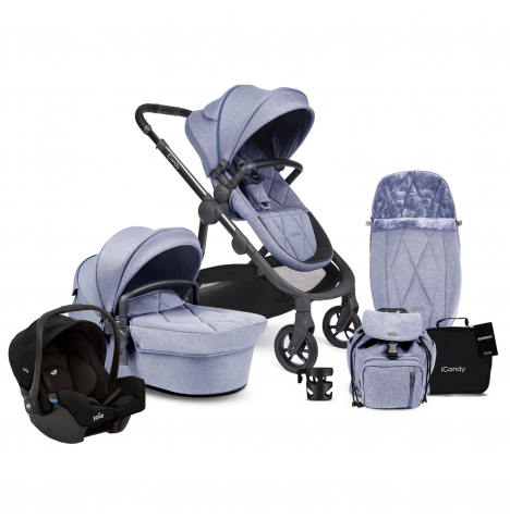 iCandy Orange 3 Complete 13 Piece Travel System Bundle with Gemm Car Seat - Mist Blue Marl Phantom
