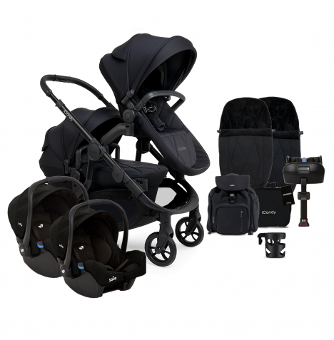 iCandy Orange 3 Twin with Gemm Car Seat (x2) & ISOFIX Base Complete 22 Piece Travel System Bundle  - Black Edition