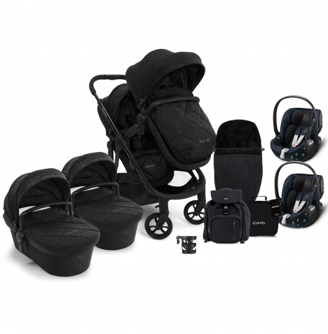 iCandy Orange 3 Twin with Cloud Z Car Seat (x2) Complete 22 Piece Travel System Summer Bundle - Black Crush