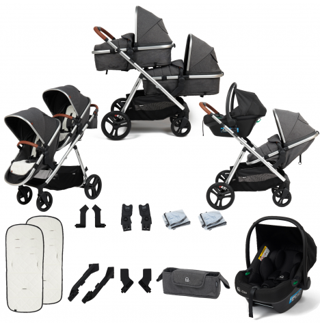 Puggle Memphis 2-in-1 Duo i-Size Double Travel System - Platinum Grey (Chrome Frame)