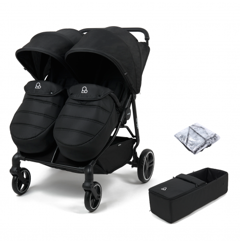 Puggle Urban City Easyfold Twin Double Pushchair with Footmuff & Soft Carrycot - Storm Black