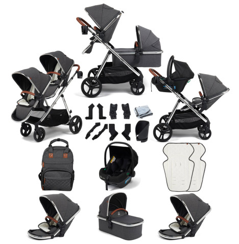 Puggle Memphis 3-in-1 Duo i-Size Double Travel System - Platinum Grey (Chrome Frame)