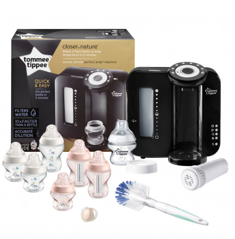 Tommee Tippee 9pc Perfect Prep Machine Baby Bottle Feeding Bundle - Black / Pink