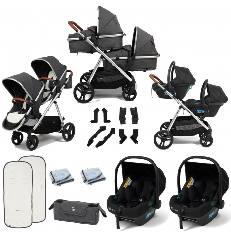 Puggle Memphis 2-in-1 Duo i-Size Double Twin Travel System – Platinum Grey (Chrome Frame)