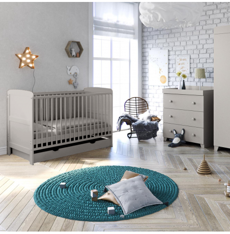 Puggle Henbury Cot Bed 5 Piece Nursery Furniture Set With Drawer & Eco Fibre Mattress - Classic Grey