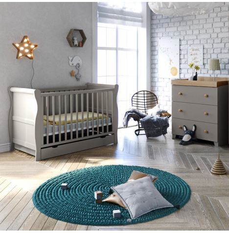 Puggle Alderley Sleigh Cot Bed 5 Piece Nursery Furniture Set With Eco Fibre Mattress - Grey