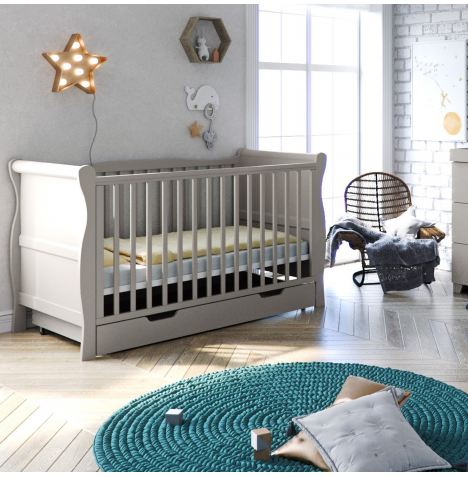 Puggle Woodford Sleigh Cot 3pc Nursery Furniture Set with Drawer & Maxi Air Cool Mattress - Grey