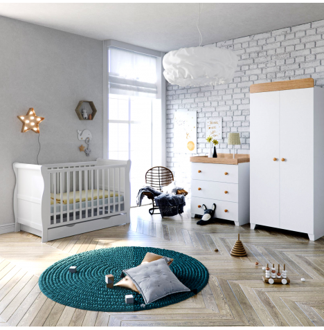 Puggle Alderley Sleigh Cot Bed 6 Piece Nursery Furniture Set With Eco Fibre Mattress - White
