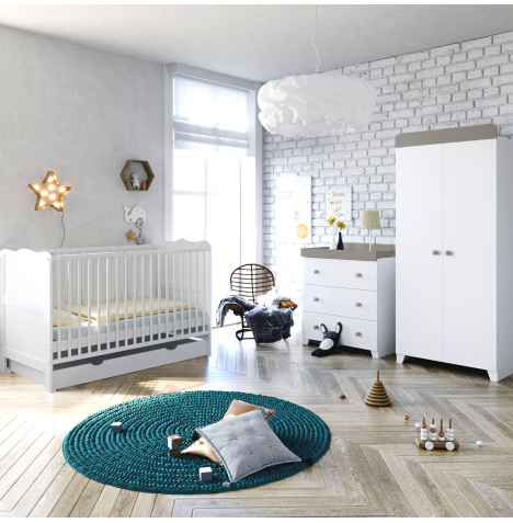 Puggle Henbury Cot Bed 6 Piece Nursery Furniture Set & Maxi Air Cool Mattress - White & Grey