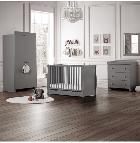 Puggle Chelford Sleigh Cot 6pc Nursery Furniture Set With Drawer & Maxi Air Cool Mattress - Grey