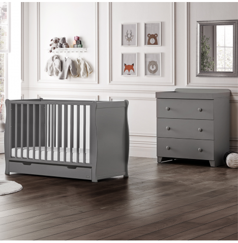 Puggle Chelford Sleigh Cot 5pc Nursery Furniture Set With Drawer & Eco Fibre Mattress - Grey