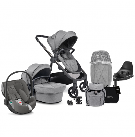 iCandy Orange 3 Complete 14 Piece Travel System Bundle with Cloud Z2 Car Seat & ISOFIX Base - Light Slate Marl Phantom