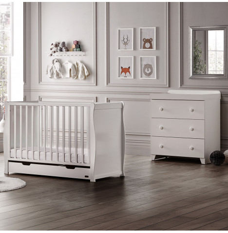 Puggle Chelford Sleigh Cot 5pc Nursery Furniture Set With Drawer & Eco Fibre Mattress - White