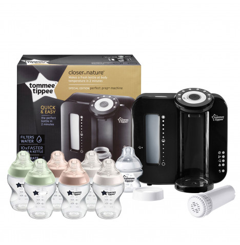 Tommee Tippee 8pc Perfect Prep Machine Baby Bottle Feeding Bundle - Black / Natural