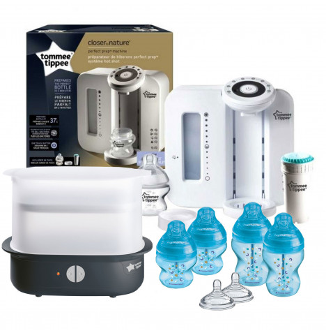 Tommee Tippee 9pc Perfect Prep Machine Electric Steriliser Anti-Colic Baby Bottle Feeding Bundle - White / Blue
