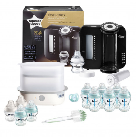 Tommee Tippee 15pc Perfect Prep Machine Complete Steriliser Baby Bottle Feeding Bundle - Black / Natural Blue