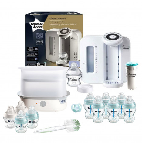 Tommee Tippee 15pc Perfect Prep Machine Complete Steriliser Anti-Colic Baby Bottle Feeding Bundle - White / Natural Blue