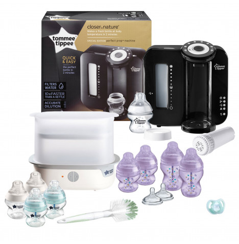 Tommee Tippee 15pc Perfect Prep Machine Complete Steriliser Anti-Colic Baby Bottle Feeding Bundle - Black / Purple