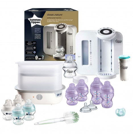 Tommee Tippee 15pc Perfect Prep Machine Complete Steriliser Anti-Colic Baby Bottle Feeding Bundle - White / Purple