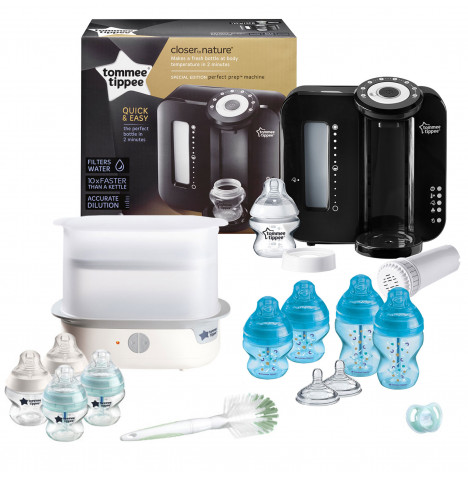 Tommee Tippee 15pc Perfect Prep Machine Complete Steriliser Baby Bottle Feeding Bundle - Black / Blue
