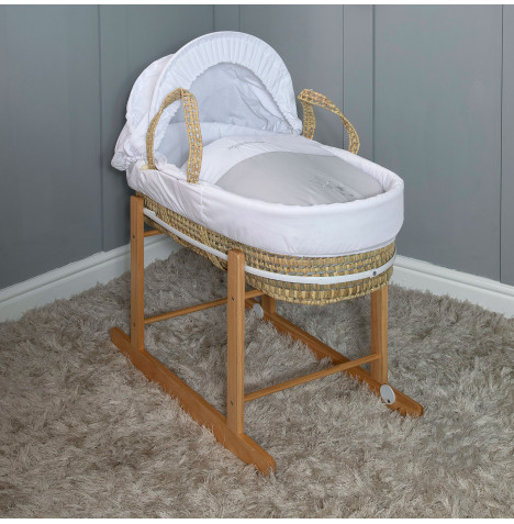 4Baby My Little Star Palm Moses Basket with Natural Rocking Stand - White/Grey