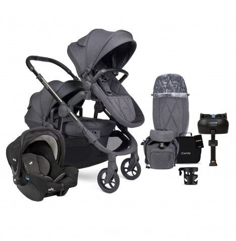 iCandy Orange 3 Double with Gemm Car Seat & ISOFIX Base Complete 21 Piece Travel System Bundle - Dark Slate Marl Phantom