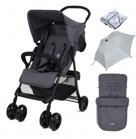 Puggle Holiday Luxe Pushchair Stroller with Raincover, Universal Footmuff and Parasol – Slate Grey