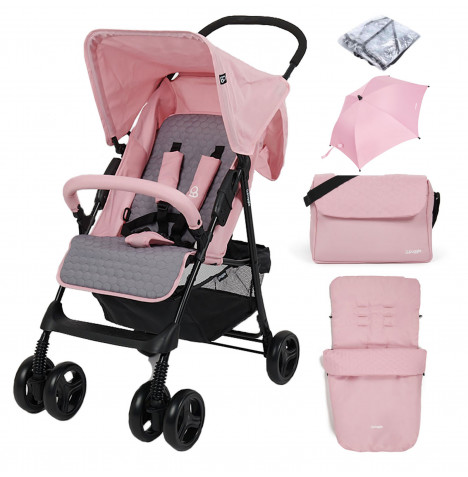 Puggle Holiday Luxe Pushchair Stroller with Raincover, Universal Footmuff, Parasol, Changing Bag and Mat - Vintage Pink