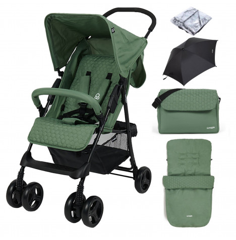 Puggle Holiday Luxe Pushchair Stroller with Raincover, Universal Footmuff, Parasol, Changing Bag and Mat– Sage Green