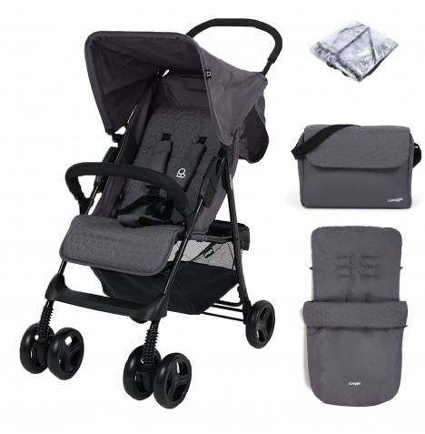 Puggle Holiday Luxe Pushchair Stroller with Raincover, Universal Footmuff, Changing Bag and Mat – Slate Grey