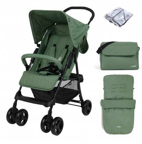 Puggle Holiday Luxe Pushchair Stroller with Raincover, Universal Footmuff, Changing Bag and Mat – Sage Green