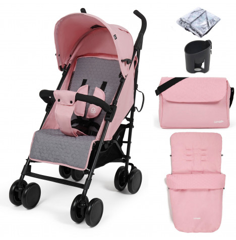 Puggle Litemax Pushchair Stroller with Raincover, Cupholder, Universal Footmuff and Changing Bag with Mat - Vintage Pink