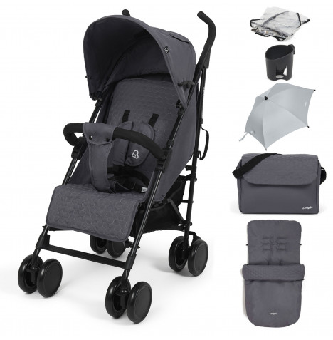 Puggle Litemax Pushchair Stroller with Raincover, Cupholder, Universal Footmuff, Parasol and Changing Bag with Mat - Slate Grey