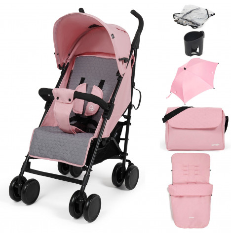 Puggle Litemax Pushchair Stroller with Raincover, Cupholder, Universal Footmuff, Parasol and Changing Bag with Mat - Vintage Pink
