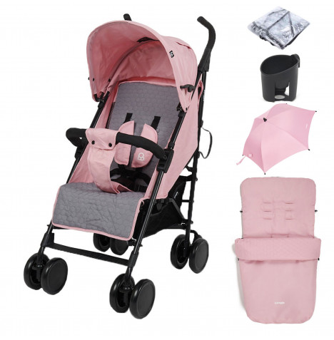 Puggle Litemax Pushchair Stroller with Raincover, Cupholder, Universal Footmuff and Parasol - Vintage Pink