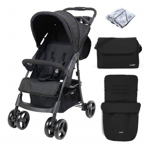 Puggle Starmax Pushchair Stroller with Raincover, Universal Footmuff and Changing Bag with Mat – Storm Black