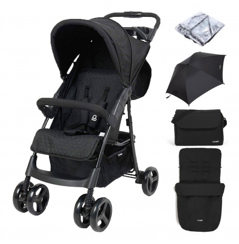 Puggle Starmax Pushchair Stroller with Raincover, Universal Footmuff, Parasol and Changing Bag with Mat – Storm Black
